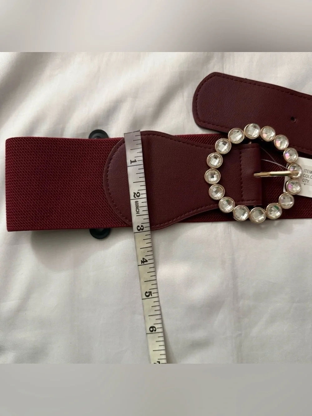 Burgundy PU leather circle buckle rhinestone details elastic waistband belt